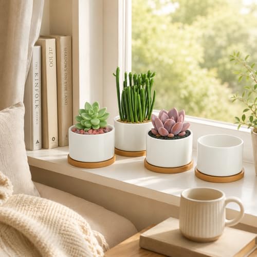 ZOUTOG 8 Pack 3.6" Ceramic Succulent Pots,White Planter with Drainage Tray - size: 8 pack
