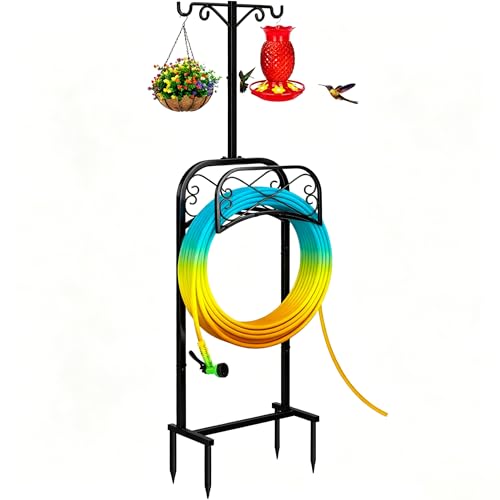 Gtongoko Garden Hose Holder for Outside 70" with 4 Prongs Base & 2 Shepherds Hooks Heavy Duty Freestanding Metal Water Hose Holder Stand Holds Up to 150FT Hose & 44LB Detachable Hose Storage for Yard - size: 70 Inch