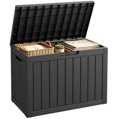 Fancyango 50 Gallon Waterproof Deck Box, Resin Outdoor Storage Box, Black - color: Striped Black, size: 50 Gallon