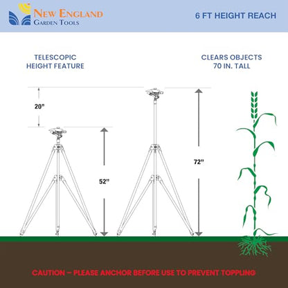 Heavy Duty Tripod Sprinkler 300003, Long Range Sprinkler with 100 FT Reach, 6 Feet Adjustable Tripod Height, 360° Range Control, for Farm, Lawn, Field, Orchard Irrigation by New England Garden Tools