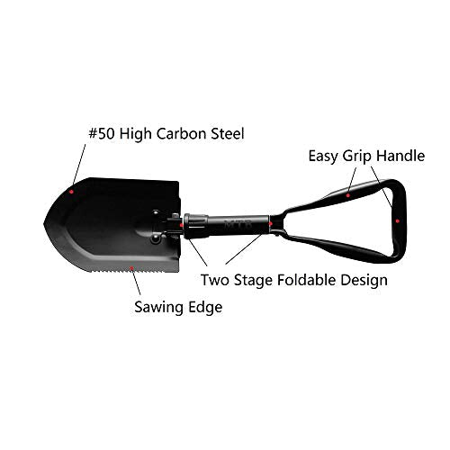 22.8 Inch Black Military Folding Camping Shovel,High Carbon Steel Entrenching Tool w/Wood Saw Edge and Tactical Carry Case - color: 22.8 IN Black