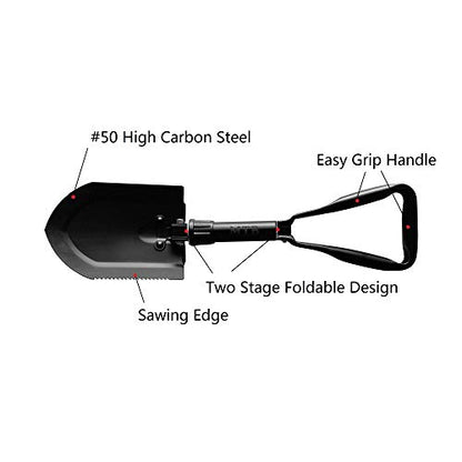 22.8 Inch Black Military Folding Camping Shovel,High Carbon Steel Entrenching Tool w/Wood Saw Edge and Tactical Carry Case - color: 22.8 IN Black