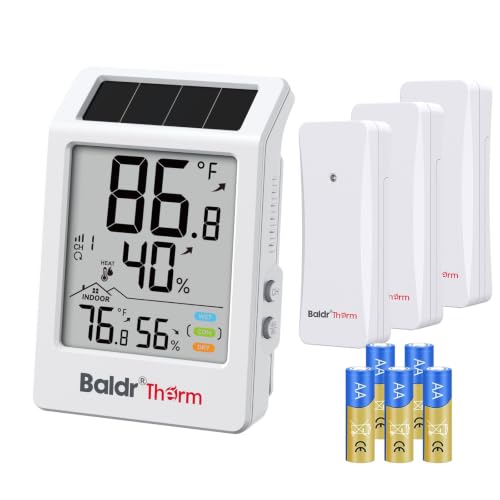 BaldrTherm Indoor Outdoor Thermometer Wireless, Digital Temperature Humidity Monitor, Temperature Gauge with 330ft Range | Solar & Battery Hybrid Power for Greenhouse, Patio, Home, 3 Sensor - color: Thermometer + 3 Sensor