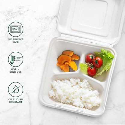 Freshware Clamshell Food Containers with Lids [9x9"] 3-Compartment 200-Pack, Disposable To Go Containers, Biodegradable Sugarcane To Go Boxes - Paper Containers - Microwave & Freezer Safe, Stackable - size: 9 x 9 Inch, 200 Pack