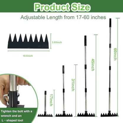 Weed Puller Tool Stainless Steel 8 Tines Manual Weeder Tool with Adjustable Length Handle, Weeder Rakes for for Yard, Patio, Lawn and Garden - size: 8 TINES
