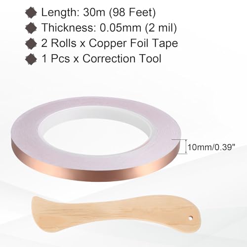 2pcs Copper Foil Tape 0.39" x98FT Single Conductive Adhesive Tape - size: 0.39 Inch x 98 FT