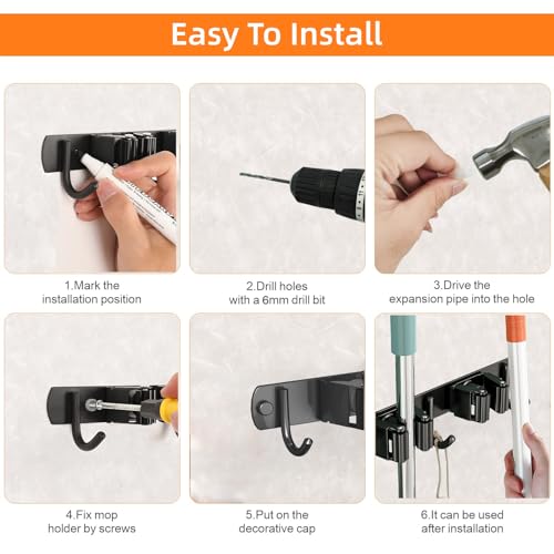 2 Pack Mop and Broom Holder Wall Mount for Kitchen Garden Garage Laundry - color: Black, size: 2 Pack 3 Racks with 4 Hooks