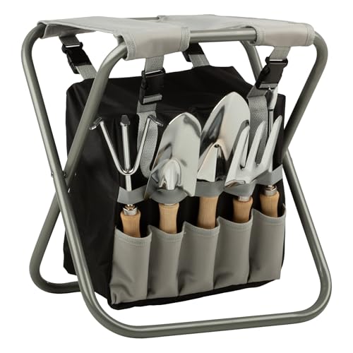 Pure Garden Folding Stool with 250lb Capacity and Garden Tools Set, Gray - color: Tan/Green