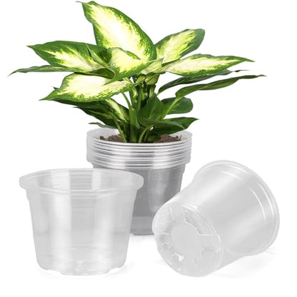 8 Inch Large Clear Nursery Pots with Drainage, 10 Pack Plastic Pots for Plants, Ideal Seedling Pots and Plant Pots for Vegetables, Orchids, Aloe, Indoor Outdoor Use (8 inch-10 Pack) - size: 8 inch
