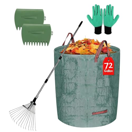 Adjustable Metal Leaf Set 65" Adjustable Handle Rake Set,32-63" Handle, 8-23" Wide with 72-Gallon Leaf Scoops&Bag-Heavy Duty Garden Rake for Lawns, Shrubs, Grass, Flower Beds & Outdoor Use