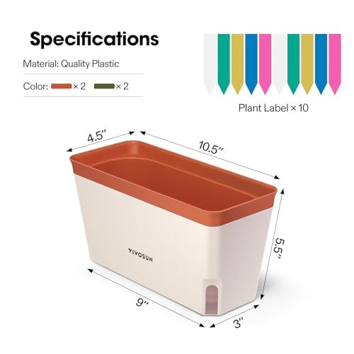 VIVOSUN Self-Watering Planters, 8-Pack 10.5 Inch Compact Rectangular Window Herb Planter Box with 10 PCS Plant Labels, Plant Container for Basil, Flowers, Succulents, Indoor & Outdoor - size: 4 (Pack of 2)