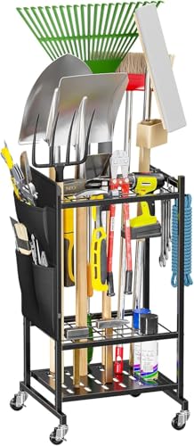 Garden Tool Organizer with Wheels, Rolling Yard Tool Tower Rack Carts for Garage Organization with Large Tool Bags with Pockets, Up to 25 Long-Handled Tools/Rakes/Brooms for Shed, Outdoor, Black