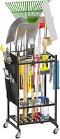Garden Tool Organizer with Wheels, Rolling Yard Tool Tower Rack Carts for Garage Organization with Large Tool Bags with Pockets, Up to 25 Long-Handled Tools/Rakes/Brooms for Shed, Outdoor, Black