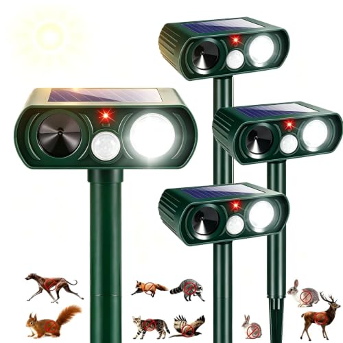 4 Pack Sonic Fortress Pro Deer Repellent for Plants,Cat Repellent Outdoor Solar Animal Repeller Ultrasonic Deterrent with Flashing Light Waterproof for Squirrel Rabbit Raccoon Fox for Garden