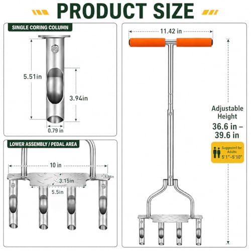 Manual Core Aerator Lawn Tool with 4 Hollow Tines, 3.94-Inch Plug Aerator
