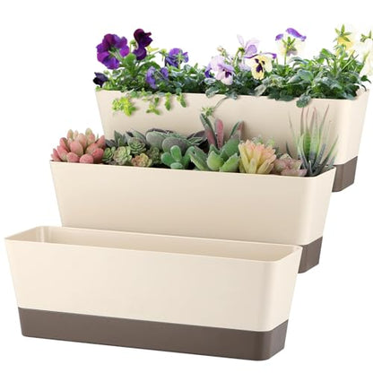 Window Box Planter with Tray, 12" Rectangle Plant Pot, Pack of 3 (Beige) - color: Beige