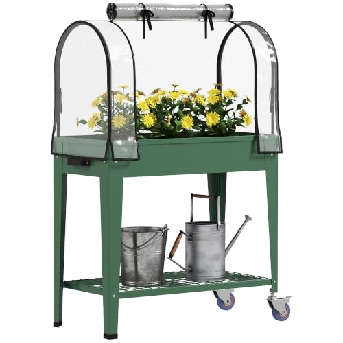 Outsunny Raised Garden Bed with Greenhouse Cover, Lockable Wheels, Green