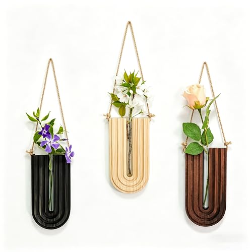 Wood Wall Planter Set of 3, Propagation Station with Glass Tubes, Boho Wall Decor Hanging Vase for Dried Flowers, Farmhouse Wooden Plant Holder for Living Room Bedroom, Rainbow U-Shaped