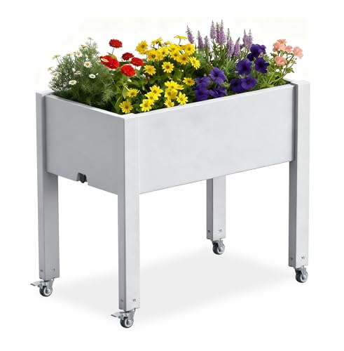 PatioZen Raised Garden Bed with Legs, 28.9" Tall Self-Watering Raised Planter Box with Lockable Wheels, Drainage Plug and Gauge for Vegetables Flowers, Rustproof Resin for Backyard Patio (Ashen) - color: Ashen, size: 30.04"L x 17.72"W x 28.90"H