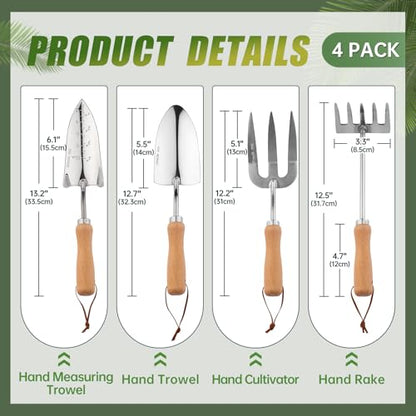 Heavy Duty Garden Tool Set, Stainless Steel Graduated Shovel, Hand Fork, Hand Rake, Transplant Shovel with Scale, 4Pcs Heavy Duty Hand Tools Set for Garden Planting (Garden Hand Tool Set)