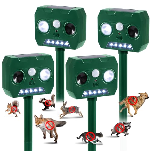Solar Ultrasonic Animal Repellent Outdoor, 4 Pack Cat Squirrel Raccoon Bird Dog Deer Repellent Devices with PIR Motion Sensor ＆ LED Flash, Waterproof Animal Deterrent for Garden Yard Farm