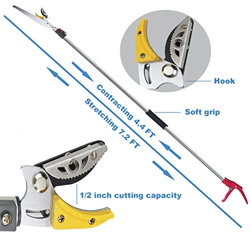 4.4-7.2 Foot Tree Pruner 2 Sections Extendable 4 Nodes Adjustable, Cut and Hold Pruning Trimmer, Long Reach Pole Saw, Telescoping Fruit Picker, Branches Bypass Lopper With Hook
