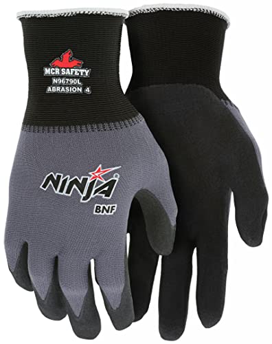 MCR Safety Ninja BNF N96790L Work Glove, 15 Gauge Nylon/Spandex Shell, Breathable Nitrile Foam (BNF) Coated Palm & Fingertips, Large, Black / Gray, Grey - size: Large