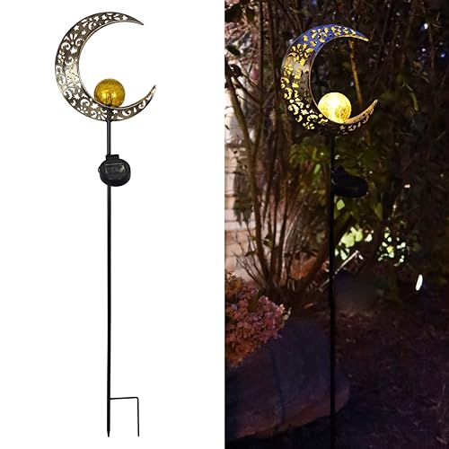 MCSSMOON Solar LED Crescent Moon Garden Light – Waterproof Metal Stake with Crackled Glass Globe - style: Crescent Moon