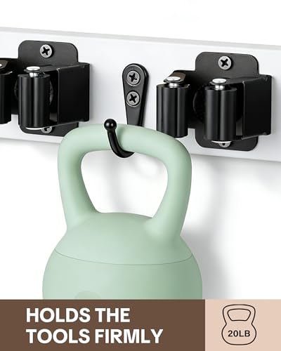 Lorbro 2 Pack Broom Holder Wall Mount, Wooden Rack with 4 Slot & 4 Hook - color: White