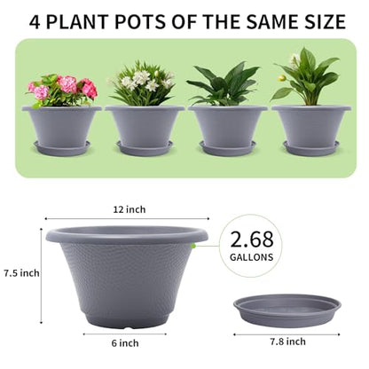 Quarut 12 Inch Pots for Plants,4 Pack Large Flower Pots with Drainage Hole - color: Diamond Pattern-grey, size: 12 inch-4 Pack