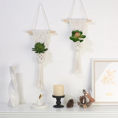 Macrame Wall Hanging Plant Holder with Artificial Succulent, Natural Cotton with Wood Dowel, Boho Wall Decor, Hanging Plants Set of 2 (Succulent 2pcs) - color: Succulent 2pcs