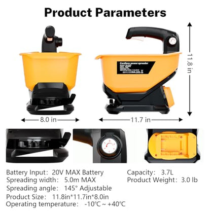 Seed Spreader Fertilizer Grass Seed Spreader Cordless Compatible with Dewalt 20V Battery, Salt Spreader for Snow 3.7L Handheld, All-Season Use [ Battery Not Included ]
