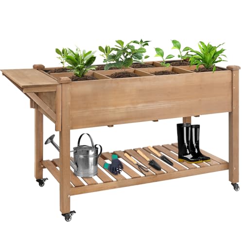 ketive Raised Garden Bed with Lockable Wheels Mobile Elevated Wood Planter,Storage Shelf, Protective Liner,55.5x24x32in (Brown) - size: 55.5" x 24" x 33"