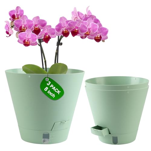 Pottiffe Self-Watering-Pots-for-Indoor-Plants, 8 Inch Flower Pots for Indoor Plants, 3 Packs Plastic Planters with Drainage Holes and Saucers - color: Green