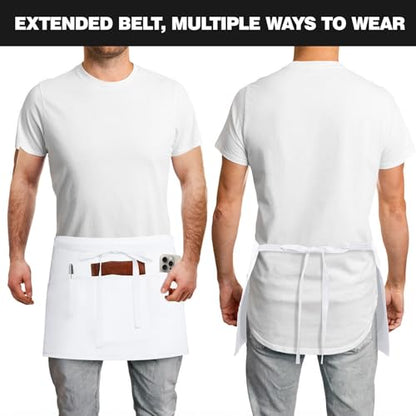 3 Pockets Waitress Apron Server Aprons - Half Aprons for Men & Women Waterproof and Oil Proof - color: 01-white