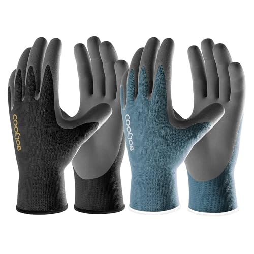 COOLJOB 2 Pairs Gardening Gloves for Men, Breathable Rubber Coated, Large - color: Black & Blue (Nitrile Touchscreen), size: Large (Pack of 2)