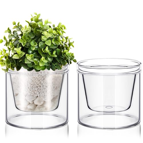 Baderke 2 Pcs 4 Inch Self Watering Pot for Indoor Plants Clear Glass Planter Small Plant Pot with Saucer Reservoir Drainage Holes Bottom Watering Pot for African Violet Orchid Flowers Houseplant - style: /
