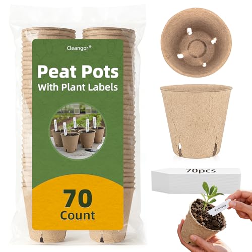 CLEANGOR 70Pcs Biodegradable 4” Peat Pots with 70Pcs Plant Labels