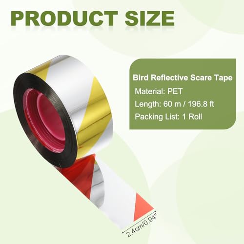 MECCANIXITY 196ft Long 1" Wide Yellow/Silver Dual Side Reflective Holographic Flash Bird Scare Tape Ribbon to Keep Birds Away, Hang Tie on Garden Farm Orchards Balcony Patio Yard Fence - color: Yellow Silver, size: 196.8ft x 0.94in