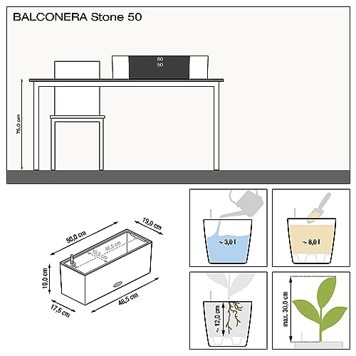 Lechuza BALCONERA Stone 50 Stone Grey, Self-Watering Window Box (Railing Planter), H7.5 L19.7 W7.5 in - color: Gray, style: 50