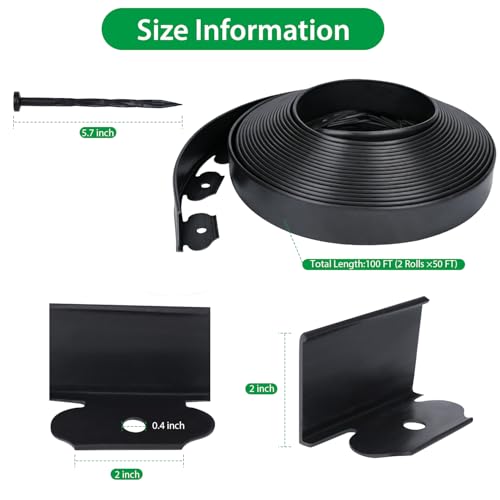 2 Inch x 100ft Landscape Edging Border with 150 Stakes, No Dig Flexible Plastic Garden Edging Border Kit, Tool-Free Installation Landscaping Edging for Paver, Mulch, Yard, Flower Bed