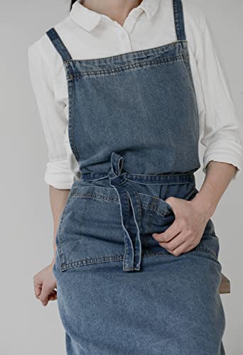 Denim Bib Apron for Women Men, Unisex Cross Back Aprons with Large Pockets - color: Style a - Deep Blue