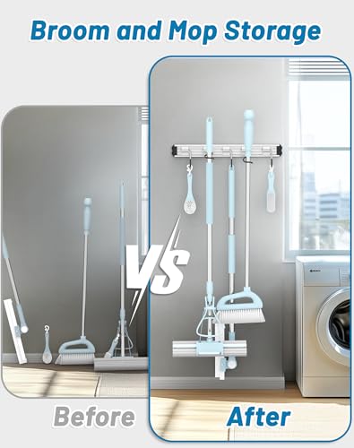 Mop and Broom Holder Wall Mount Garden Tool Rack Organizer - color: Black, size: 2 Packs 5 Hooks