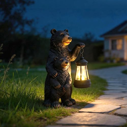 Solar Bear Garden Statue with Lantern 10 Inch Black Bear Decor Outdoor, Resin Yard Decorations, Solar Figurine Garden Decor for Patio Lawn Backyard Unique Housewarming Gifts for Women Mom - style: bear