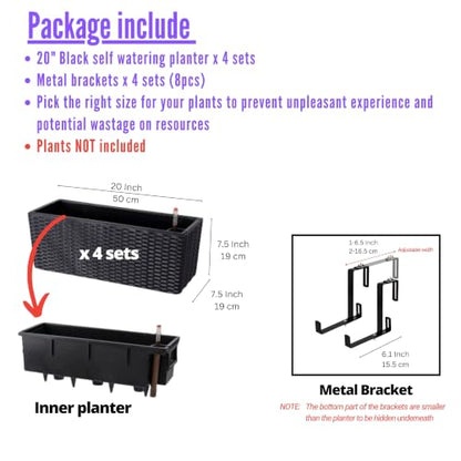 LaLaGreen Deck Railing Planter Box (20 Inch, 4 Pack) Black Rectangular Window Flower Boxes with Bracket, Self Watering System Hanging Planter Box for Outdoor Plant Container Herb Rail Fence Balcony - color: Black X 4
