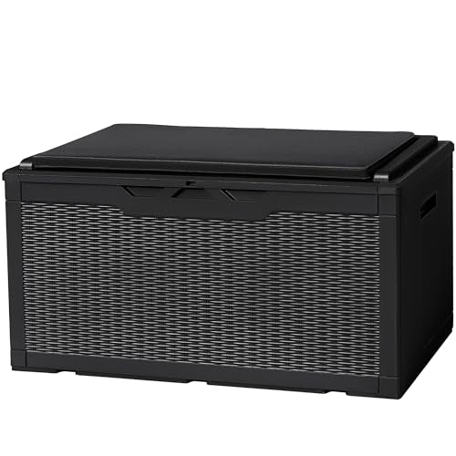 Flamaker Deck Box 98 Gallon Waterproof Resin Storage Box with Cushion - color: Black, size: 98 Gallon