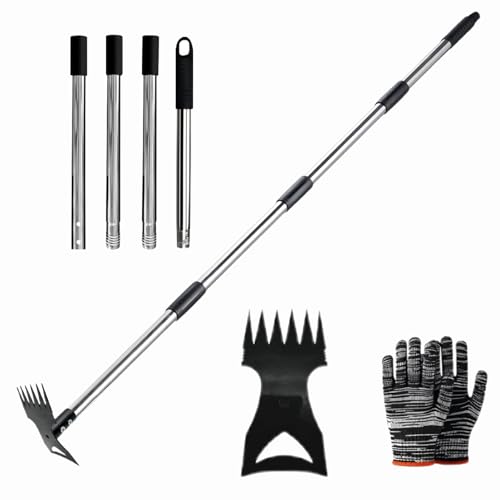 Weed Puller Tool 58" Telescoping, 2-in-1 Adjustable Manual Weeders Garden Hoe & Weed Rake, Long Handle Ergonomic Weeding Tool for Lawn, Garden & Yard Includes Work Gloves
