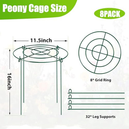 8 Pack Peony Cages and Supports, 11.5" Dx16 H Metal Plant Supports - size: 11.5" Wx16" H-8 Pack