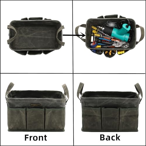 3-Pack Waxed Canvas Tool Bag Set, 13.8 x 7.8 x 7.8 Inches, Rectangular Waxed Canvas Fabric Collapsible Tool Bag with Handles, 3 Colors: Khaki, Black and ArmyGreen - color: Khaki/Black/ArmyGreen