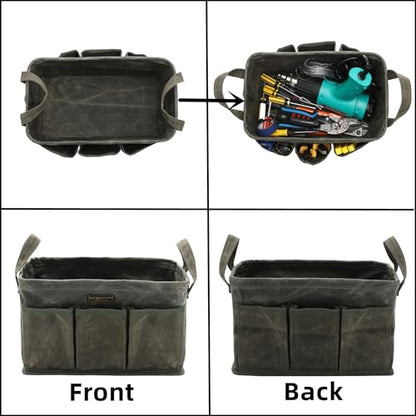 3-Pack Waxed Canvas Tool Bag Set, 13.8 x 7.8 x 7.8 Inches, Rectangular Waxed Canvas Fabric Collapsible Tool Bag with Handles, 3 Colors: Khaki, Black and ArmyGreen - color: Khaki/Black/ArmyGreen
